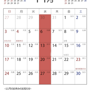 令和元年11月営業日カレンダー